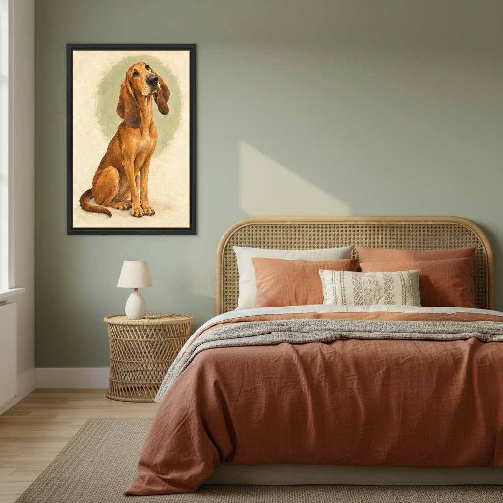Gentle Hound Canvas Wall Art framed above copper bedding against a muted olive wall.