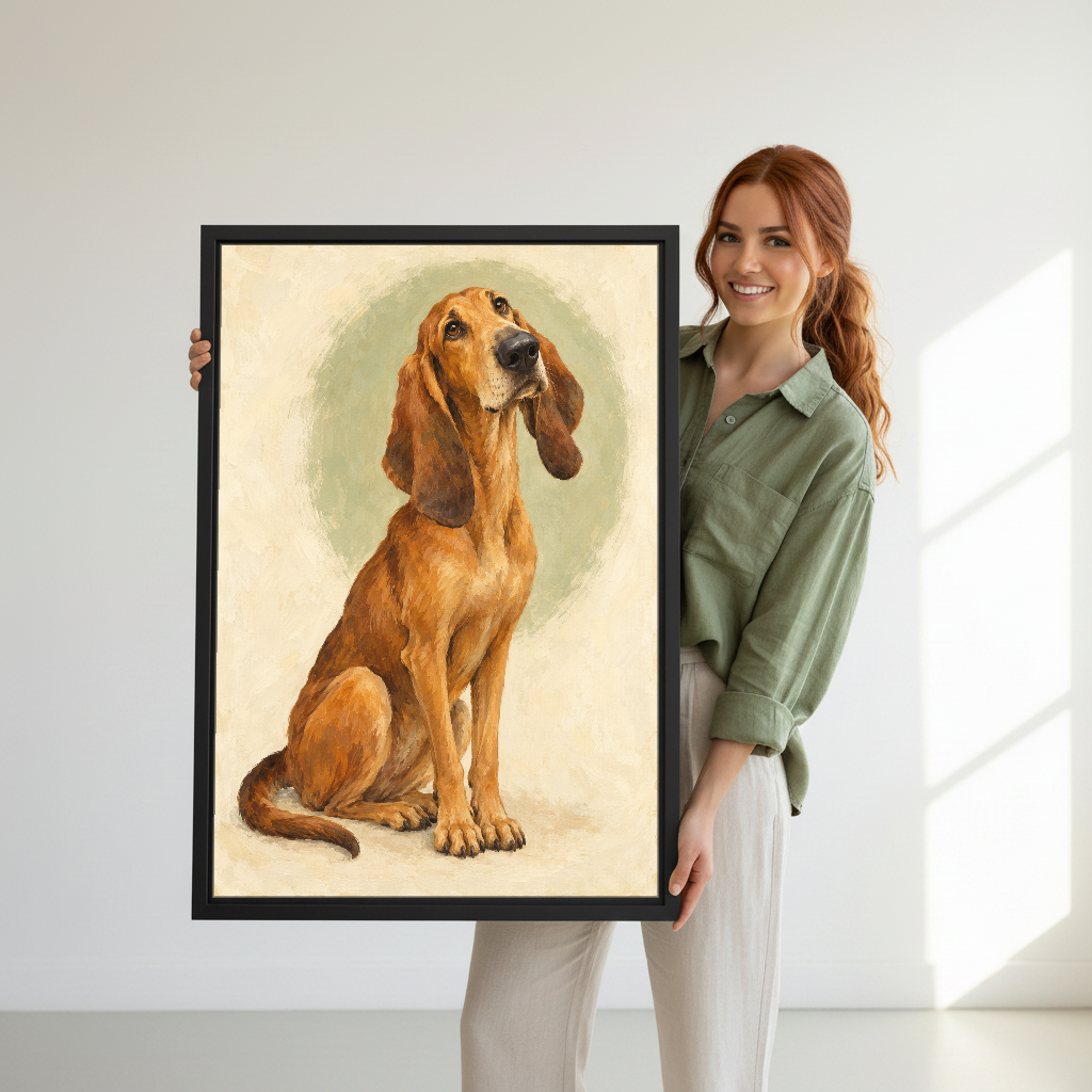 Gentle Hound Canvas Wall Art held in a black frame by a woman wearing green.