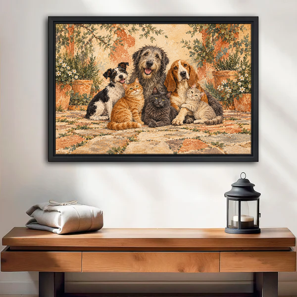 Courtyard Pet Friends Canvas Wall Art framed above a wood console with linen and lantern.