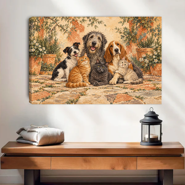 Courtyard Pet Friends Canvas Wall Art unframed above a wood console with linen and lantern.