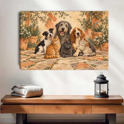 Courtyard Pet Friends Canvas Wall Art unframed above a wood console with linen and lantern.