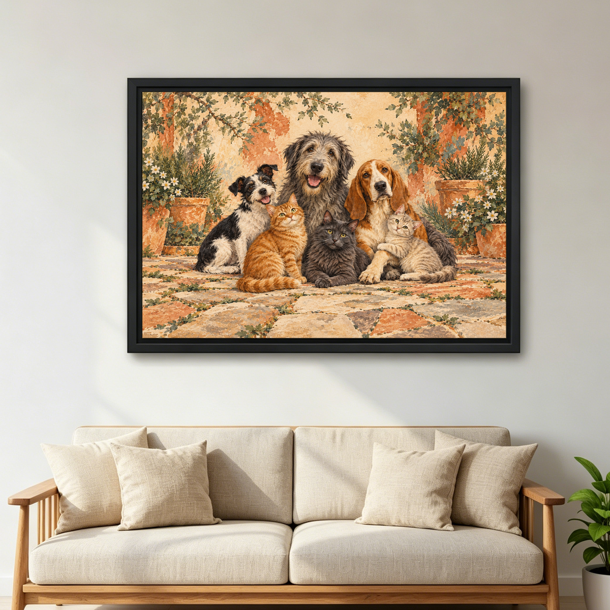 Courtyard Pet Friends Canvas Wall Art framed above a cream sofa with wooden arms.
