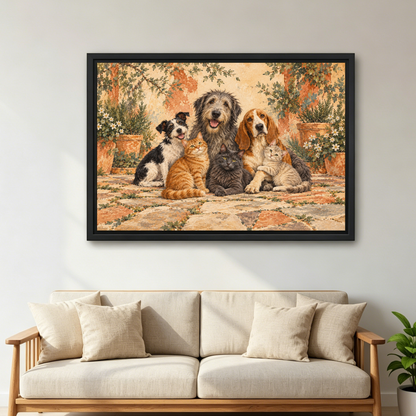 Courtyard Pet Friends Canvas Wall Art framed above a cream sofa with wooden arms.