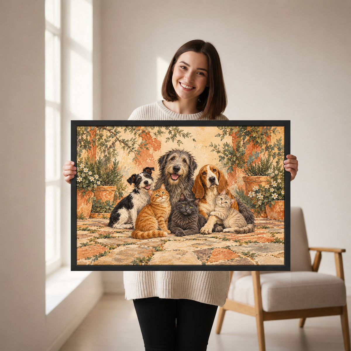 Courtyard Pet Friends Canvas Wall Art held in a black landscape frame by a standing woman.