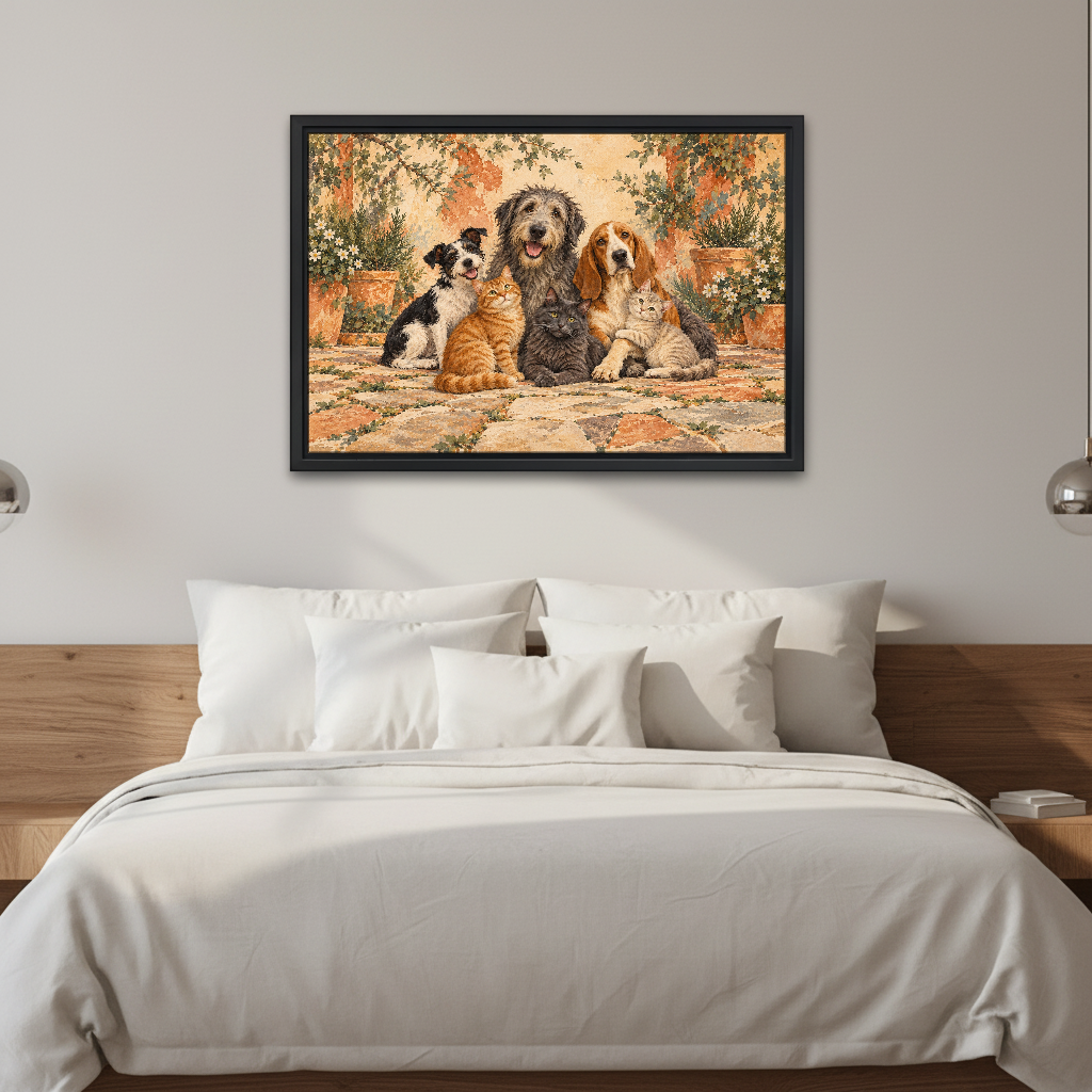 Courtyard Pet Friends Canvas Wall Art framed above white bedding and a warm wood headboard.