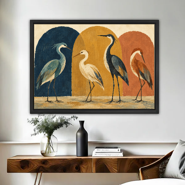 Heron Arch Gathering Canvas Wall Art framed above a wood console with vases and flowers.
