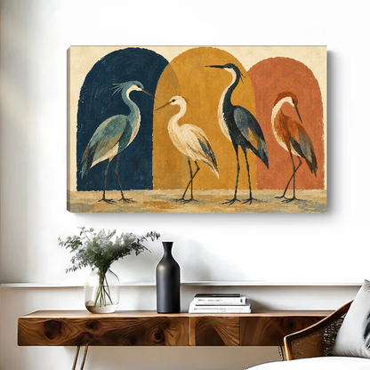 Heron Arch Gathering Canvas Wall Art unframed above a wood console with black and white vases.
