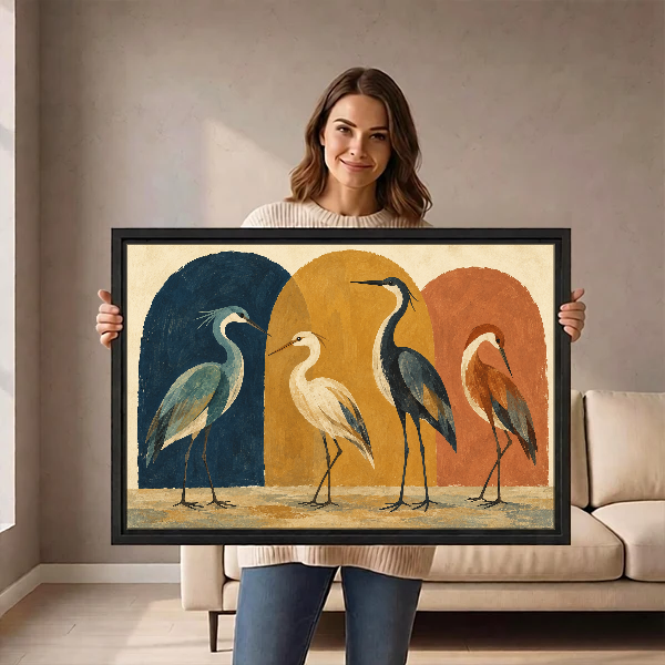 Heron Arch Gathering Canvas Wall Art held in a black landscape frame by a standing woman.