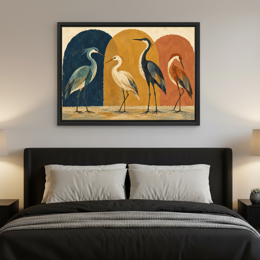 Heron Arch Gathering Canvas Wall Art framed above charcoal bedding with pale pillows.