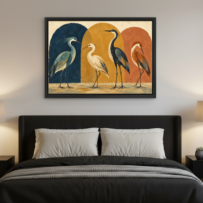 Heron Arch Gathering Canvas Wall Art framed above charcoal bedding with pale pillows.