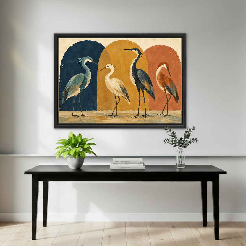 Heron Arch Gathering Canvas Wall Art framed above a black console with green plants.
