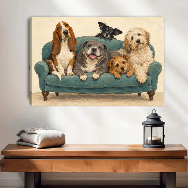 Sofa Dog Friends Canvas Wall Art unframed above a wood console with linen and lantern.