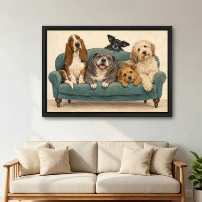 Sofa Dog Friends Canvas Wall Art framed above a cream sofa with wooden arms.