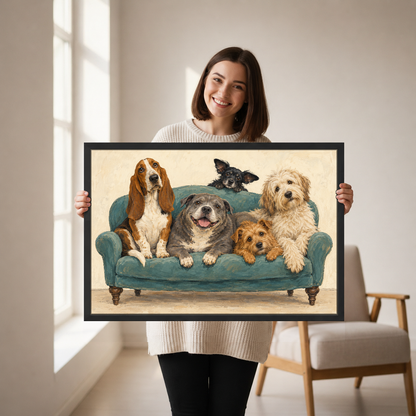 Sofa Dog Friends Canvas Wall Art held in a black landscape frame by a standing woman.