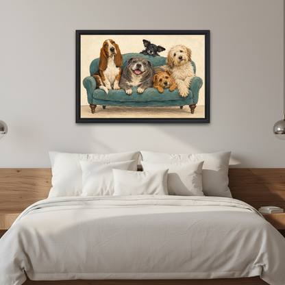 Sofa Dog Friends Canvas Wall Art framed above white bedding and a warm wood headboard.