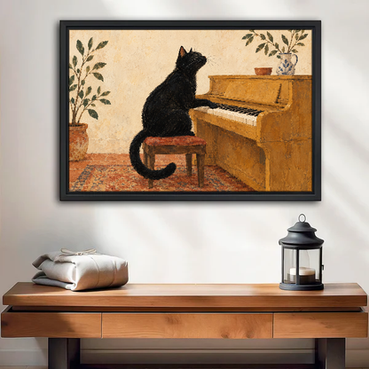 Piano Playing Cat Canvas Wall Art framed above a wood console with linen and lantern.