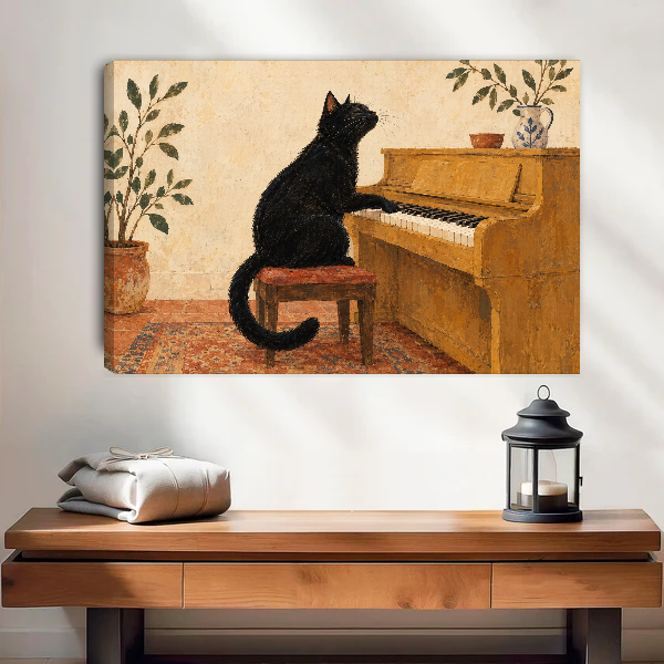 Piano Playing Cat Canvas Wall Art unframed above a wood console with linen and lantern.