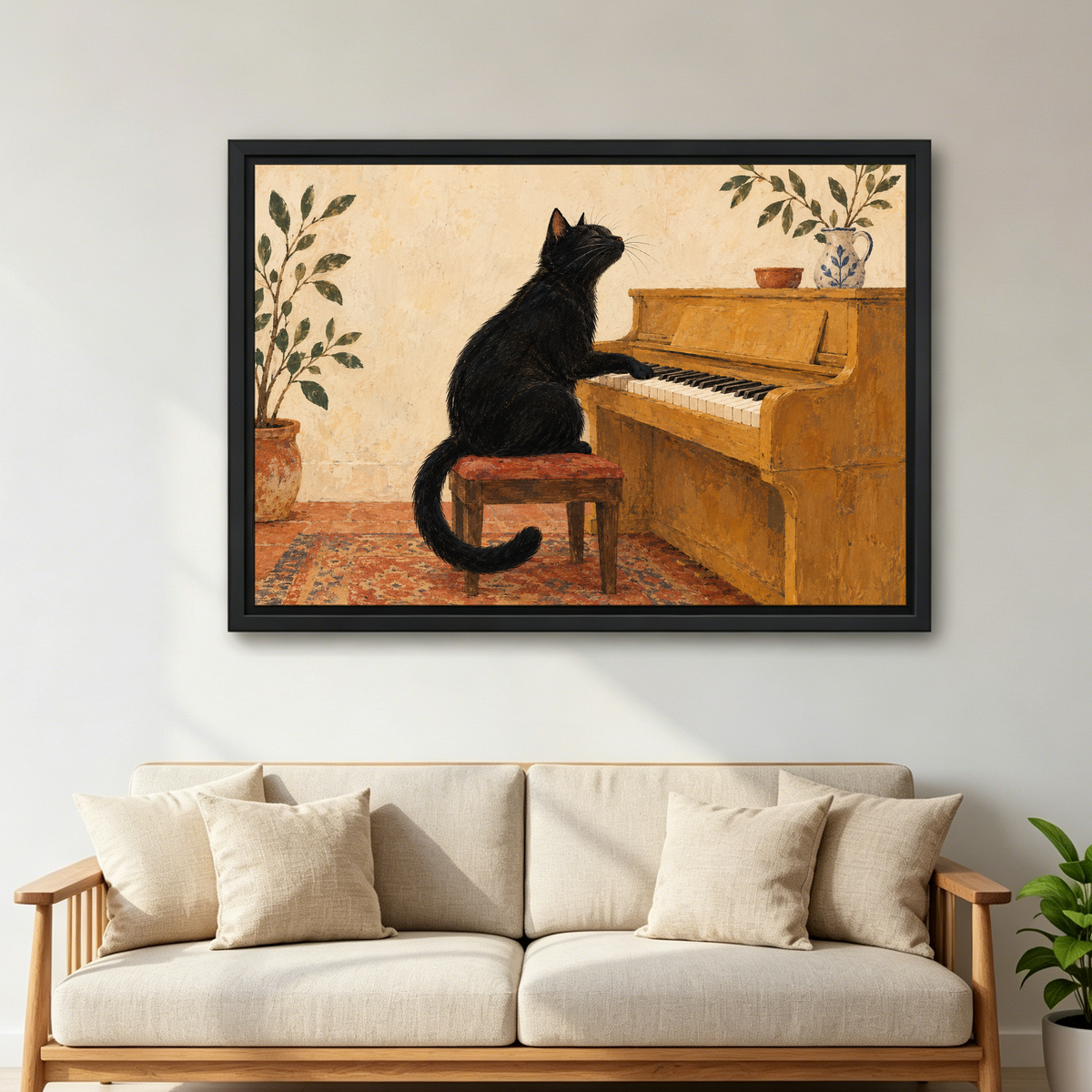 Piano Playing Cat Canvas Wall Art framed above a cream sofa with wooden arms.