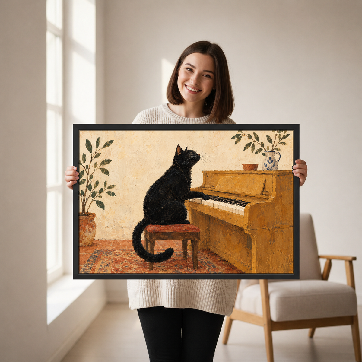 Piano Playing Cat Canvas Wall Art held in a black landscape frame by a standing woman.