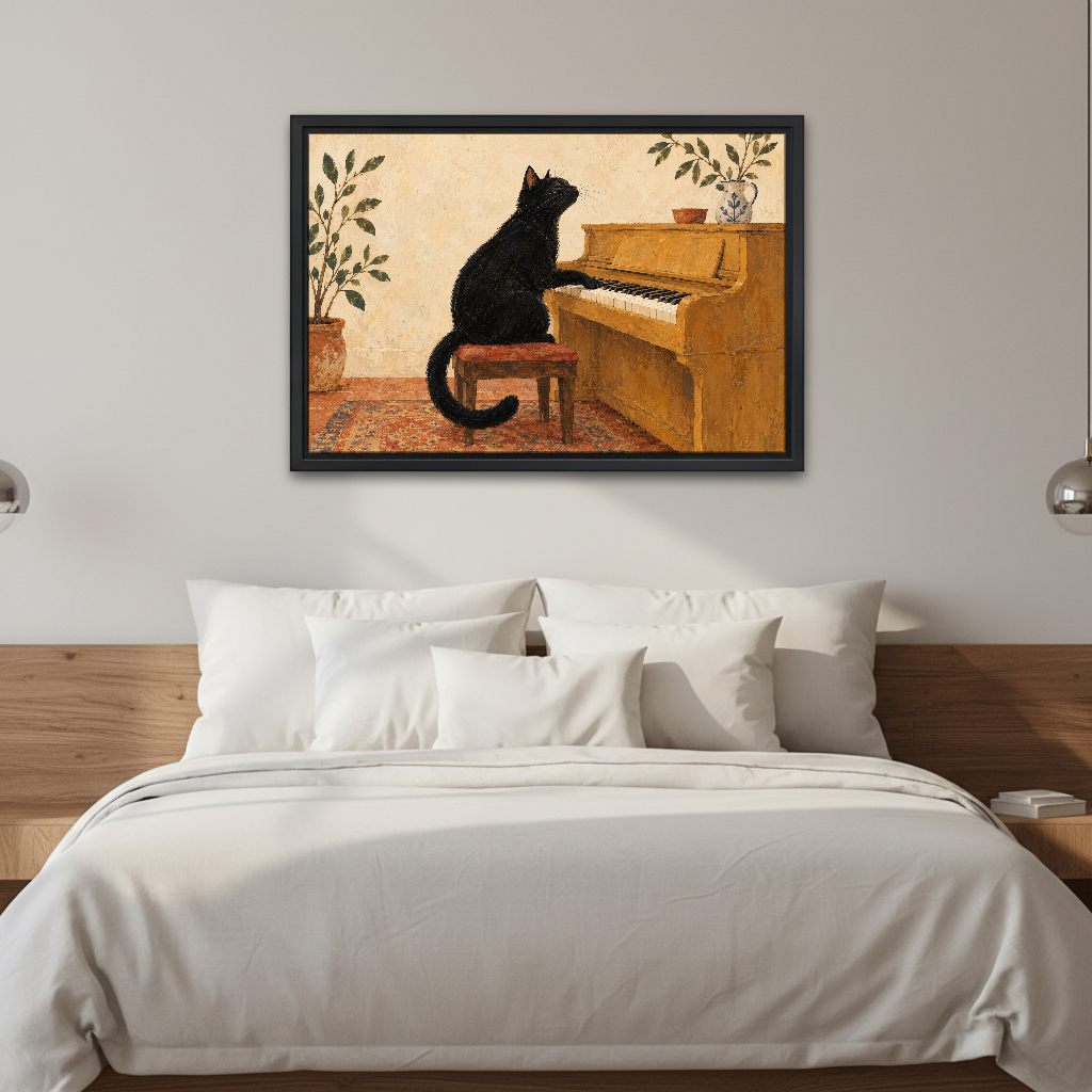 Piano Playing Cat Canvas Wall Art framed above white bedding and a warm wood headboard.