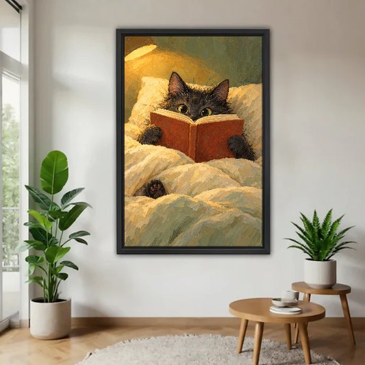 Bedtime Reading Cat Canvas Wall Art framed above a wood table with green plants.