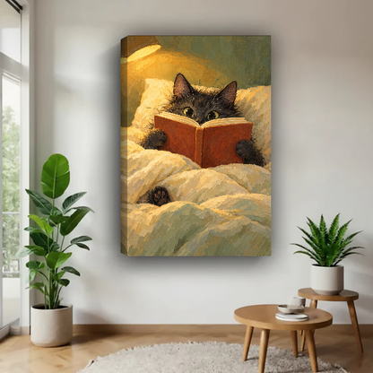 Bedtime Reading Cat Canvas Wall Art unframed above a wood table with green plants.