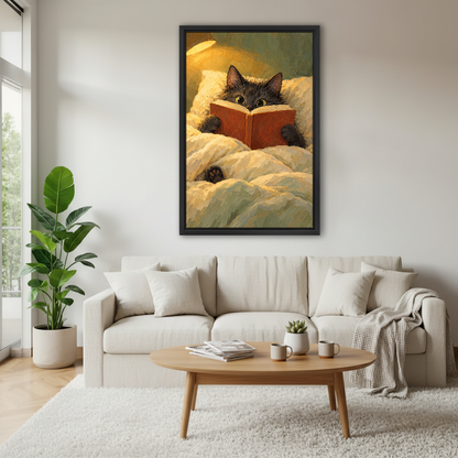 Bedtime Reading Cat Canvas Wall Art framed above a white sofa and round coffee table.