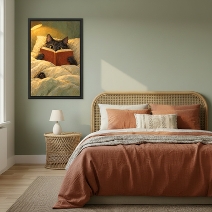 Bedtime Reading Cat Canvas Wall Art framed above copper bedding against a muted olive wall.
