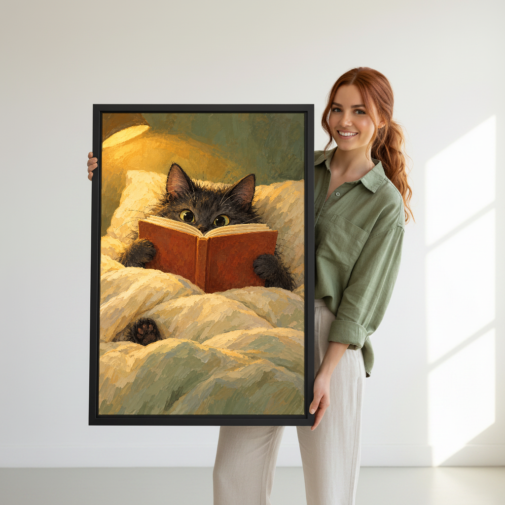 Bedtime Reading Cat Canvas Wall Art held in a black frame by a woman wearing green.