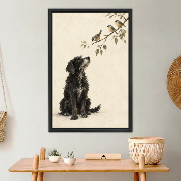 Dog Watching Birds Canvas Wall Art framed above a light wood console with cacti.