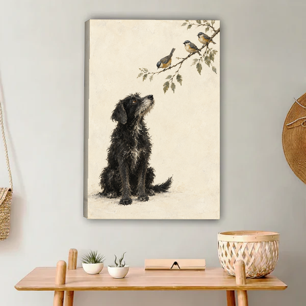 Dog Watching Birds Canvas Wall Art unframed above a light wood console and woven basket.