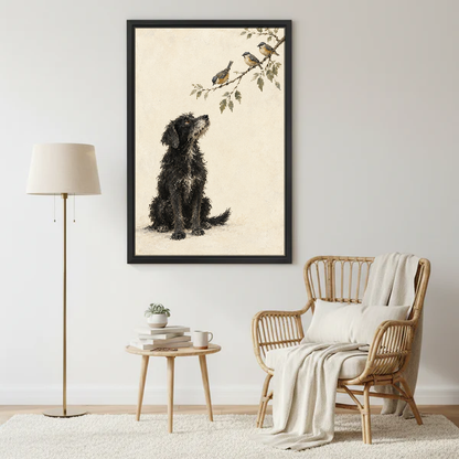 Dog Watching Birds Canvas Wall Art framed beside a wicker armchair and floor lamp.