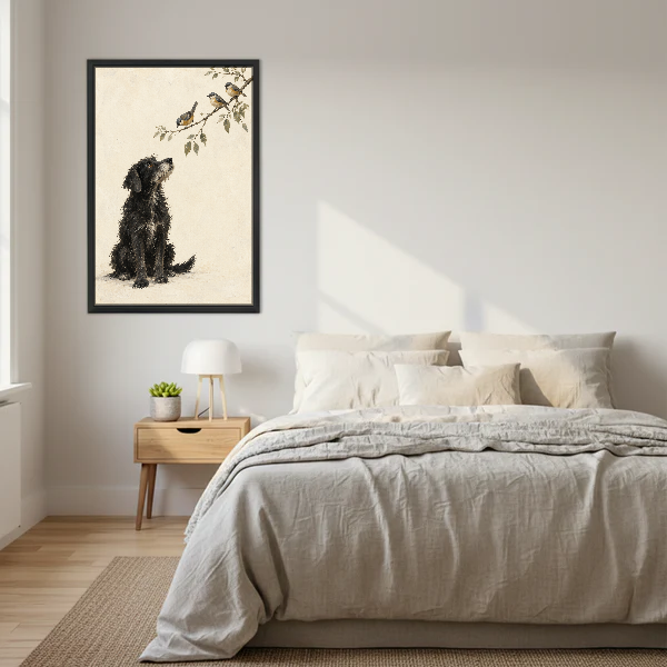 Dog Watching Birds Canvas Wall Art framed above a cream bed with wooden nightstands.