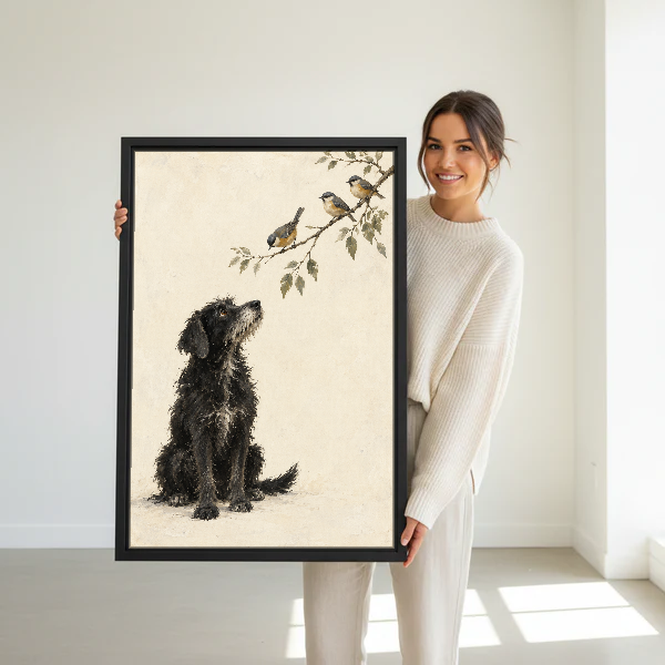 Dog Watching Birds Canvas Wall Art held in a black frame by a standing woman in white.