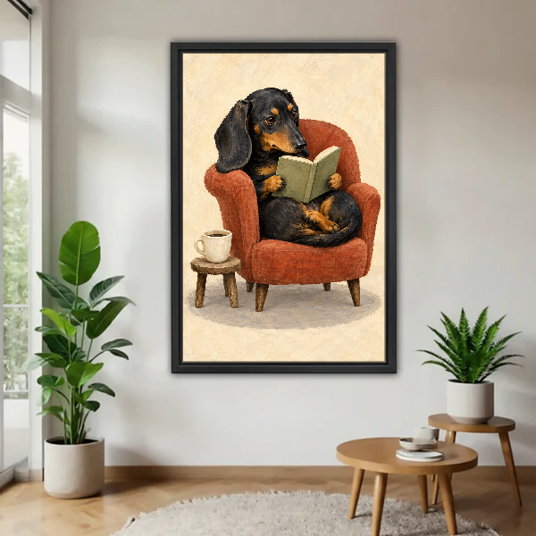 Reading Dachshund Canvas Wall Art framed above a wood table with green plants.