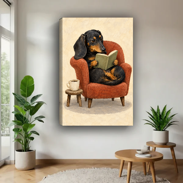 Reading Dachshund Canvas Wall Art unframed above a wood table with green plants.