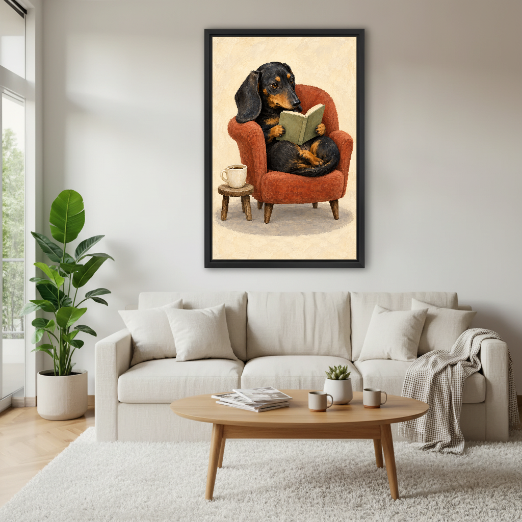 Reading Dachshund Canvas Wall Art framed above a white sofa and round coffee table.