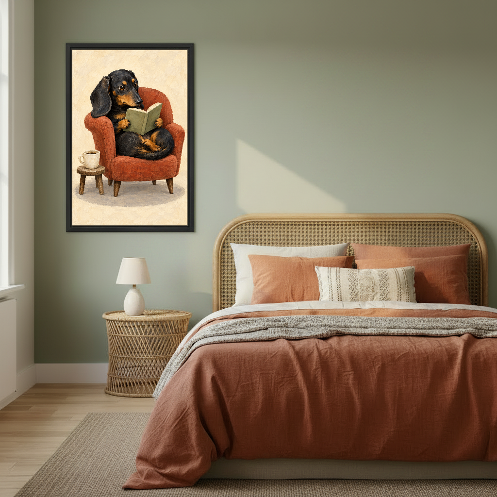 Reading Dachshund Canvas Wall Art framed above copper bedding against a muted olive wall.