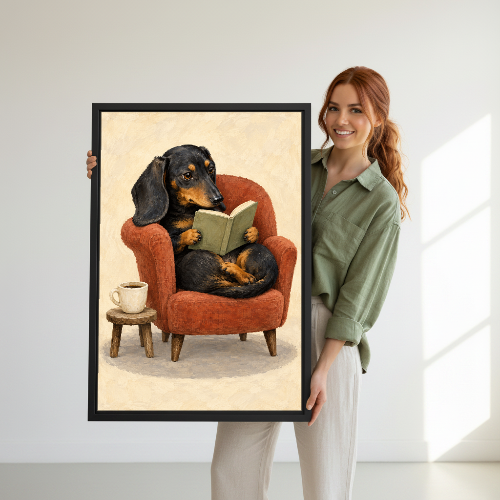 Reading Dachshund Canvas Wall Art held in a black frame by a woman wearing green.