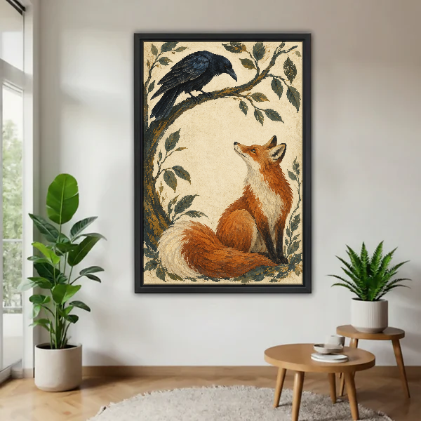 Fox Raven Encounter Canvas Wall Art framed above a wood table with green plants.