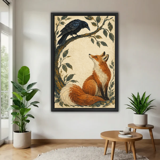 Fox Raven Encounter Canvas Wall Art framed above a wood table with green plants.