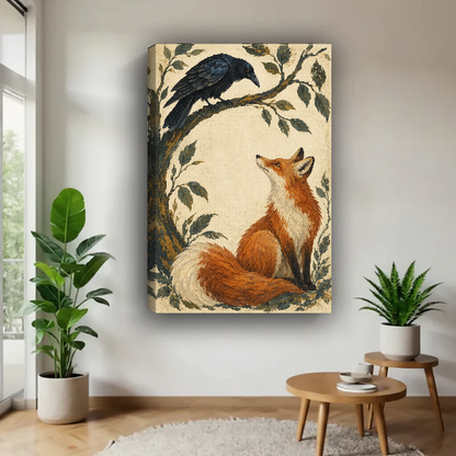 Fox Raven Encounter Canvas Wall Art unframed above a wood table with green plants.