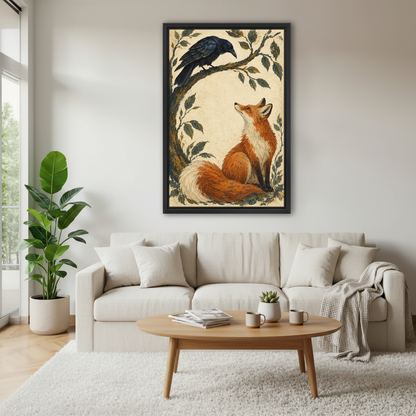 Fox Raven Encounter Canvas Wall Art framed above a white sofa and round coffee table.