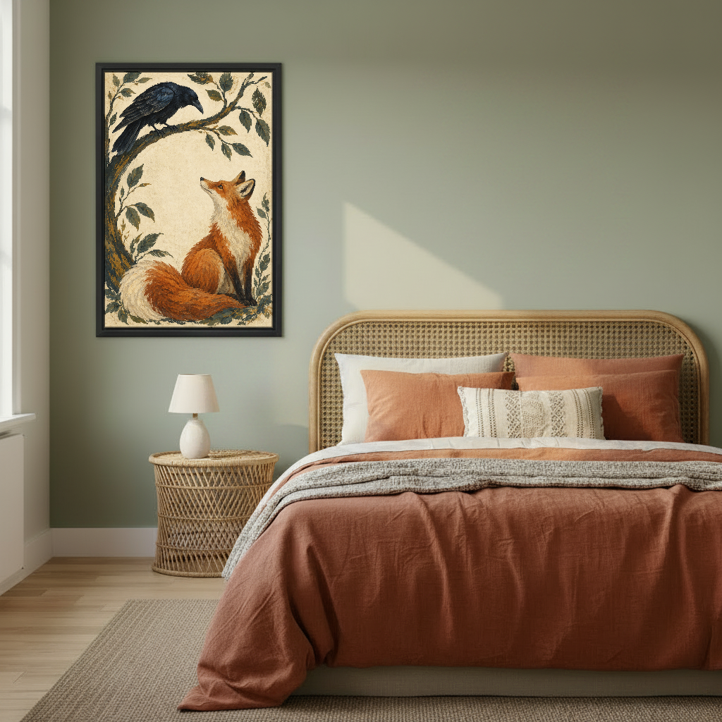 Fox Raven Encounter Canvas Wall Art framed above copper bedding against a muted olive wall.