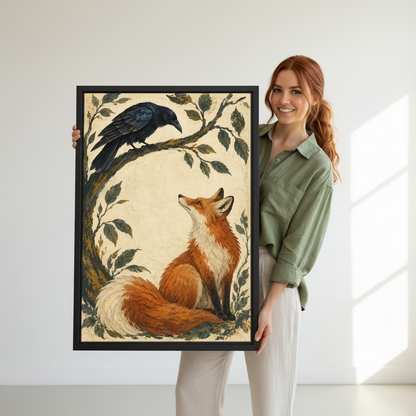 Fox Raven Encounter Canvas Wall Art held in a black frame by a woman wearing green.