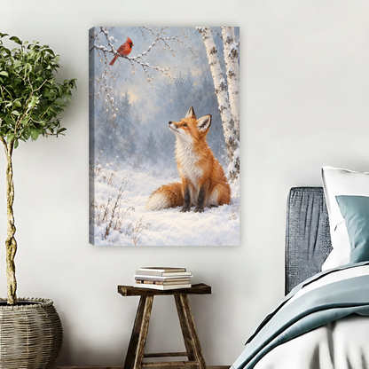 Winter Fox Cardinal Canvas Wall Art unframed beside blue bedding and a leafy plant.