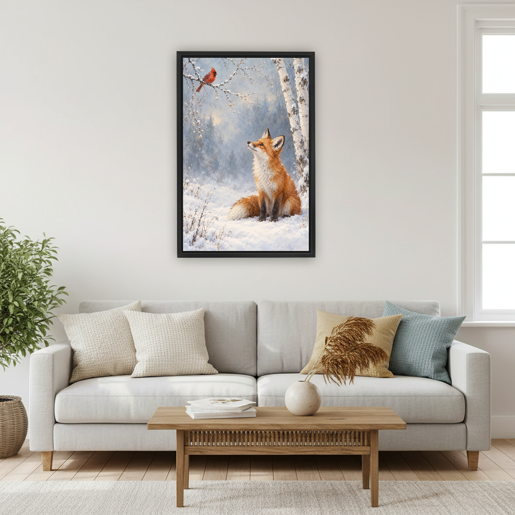 Winter Fox Cardinal Canvas Wall Art framed above a pale gray sofa and wood table.