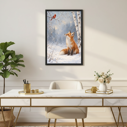 Winter Fox Cardinal Canvas Wall Art framed above a white desk with flowers and chair.