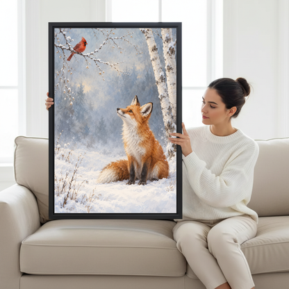 Winter Fox Cardinal Canvas Wall Art held by a seated woman on a pale sofa.