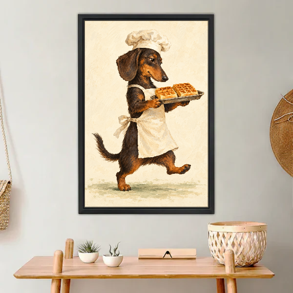 Dachshund Waffle Chef Canvas Wall Art framed above a light wood console with cacti.